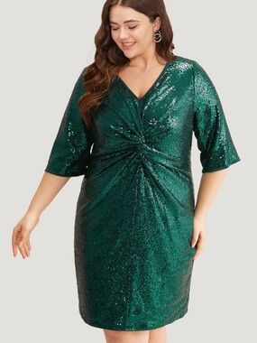 BloomChic Green Sequin Twist Front V Neck Elbow Sleeve Dress Size 12